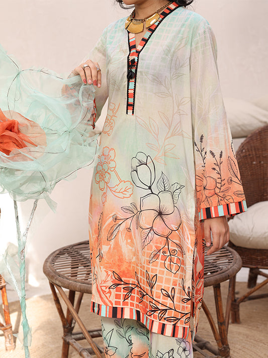 Women’s Premium Lawn 2 Piece Stitched Suit | Artistic Digital Print Straight Shirt & Trouser | Mint Coral Gradient