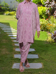 Petal Weave Women’s Lawn Jacquard 2 Piece Co-ord Set | Relaxed Fit Shirt & Shalwar | Dusty Pink