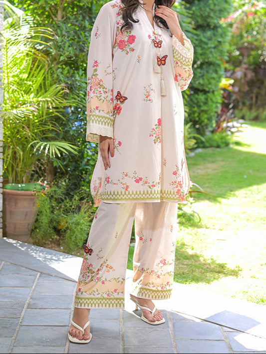Butterfly Flora Women’s Premium Summer Lawn 2 Piece 3D Embroidered Digital Print Suit | Shirt & Wide Leg Trouser | Soft Cream