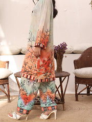 Women’s Premium Lawn 2 Piece Stitched Suit | Artistic Digital Print Straight Shirt & Trouser | Mint Coral Gradient