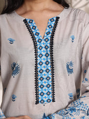 Azure Blossom Women’s Premium Lawn 2 Piece Stitched Suit | Digital Print Shirt & Wide Leg Trouser | Light Grey
