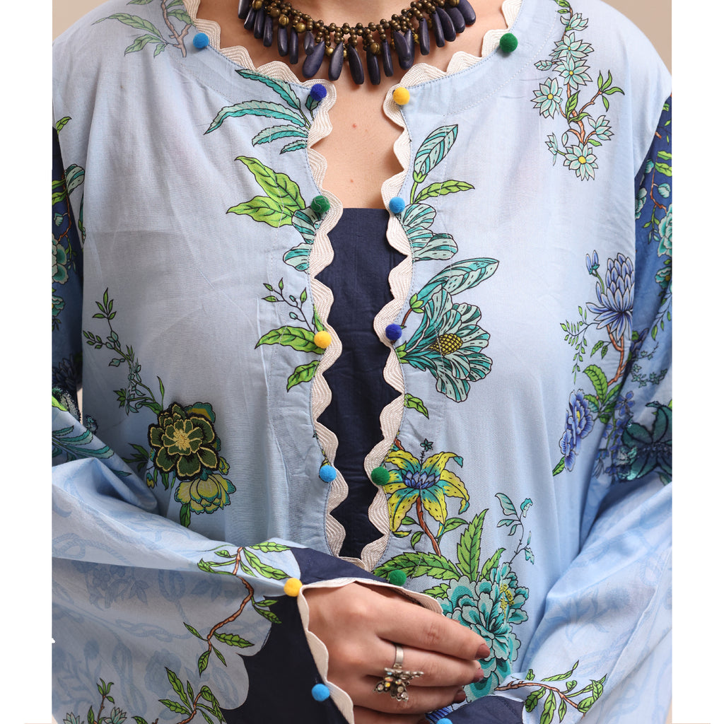 Ocean Bloom - 2 Pc Embroidered Lawn Co-Ord Set ( PL2P-15 )