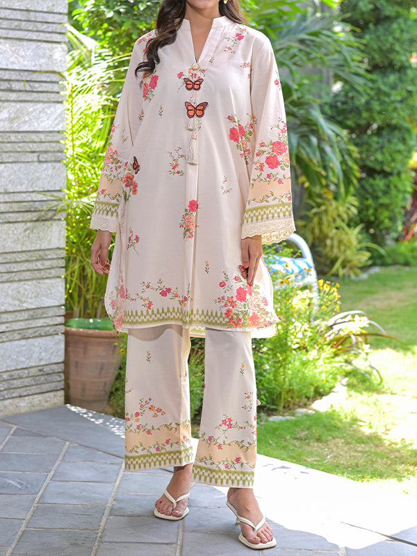 Butterfly Flora Women’s Premium Summer Lawn 2 Piece 3D Embroidered Digital Print Suit | Shirt & Wide Leg Trouser | Soft Cream