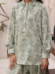Sage Serenity Weave Women’s Lawn Jacquard 2 Piece Co-ord Set | Button Down Shirt & Shalwar | Sage Green