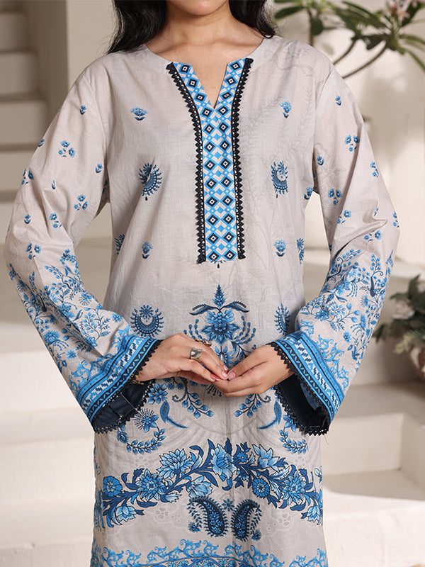 Azure Blossom Women’s Premium Lawn 2 Piece Stitched Suit | Digital Print Shirt & Wide Leg Trouser | Light Grey