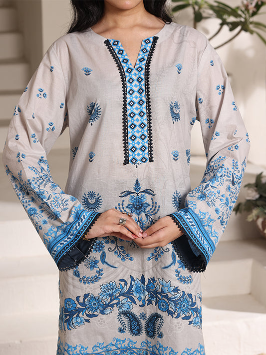Azure Blossom Women’s Premium Lawn 2 Piece Stitched Suit | Digital Print Shirt & Wide Leg Trouser | Light Grey