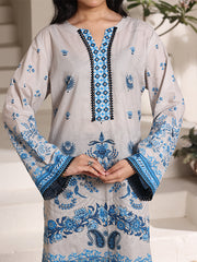 Azure Blossom Women’s Premium Lawn 2 Piece Stitched Suit | Digital Print Shirt & Wide Leg Trouser | Light Grey
