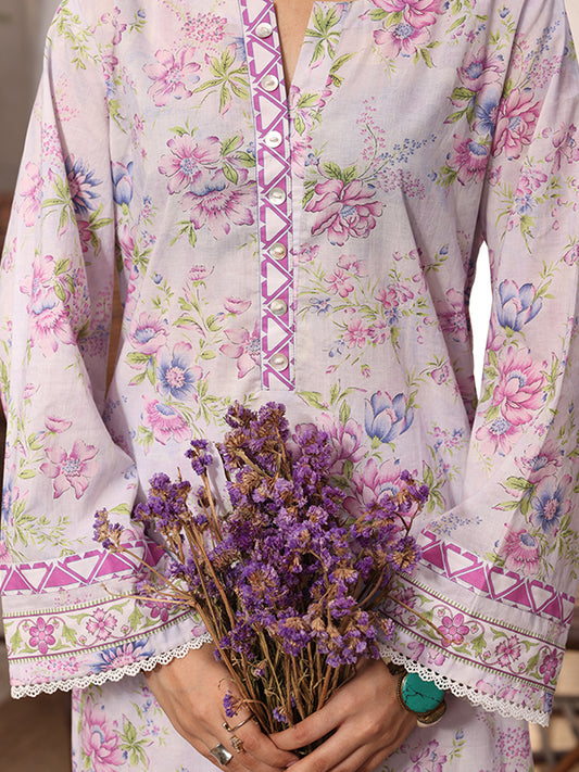 Floral Mist Women’s Premium Lawn 2 Piece Stitched Suit | Digital Print Shirt & Trouser | Soft Lilac