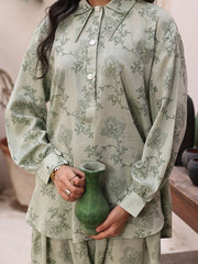 Sage Serenity Weave Women’s Lawn Jacquard 2 Piece Co-ord Set | Button Down Shirt & Shalwar | Sage Green