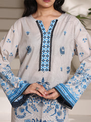 Azure Blossom Women’s Premium Lawn 2 Piece Stitched Suit | Digital Print Shirt & Wide Leg Trouser | Light Grey