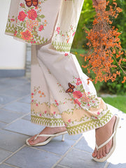 Butterfly Flora Women’s Premium Summer Lawn 2 Piece 3D Embroidered Digital Print Suit | Shirt & Wide Leg Trouser | Soft Cream