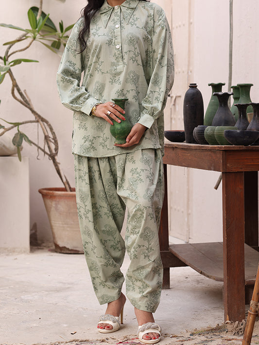 Sage Serenity Weave Women’s Lawn Jacquard 2 Piece Co-ord Set | Button Down Shirt & Shalwar | Sage Green