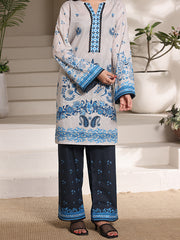 Azure Blossom Women’s Premium Lawn 2 Piece Stitched Suit | Digital Print Shirt & Wide Leg Trouser | Light Grey