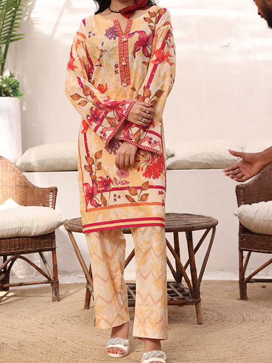 Riley Amber Flora 2 Piece Digital Printed Summer Lawn Suit for Women | Relaxed Straight Fit Kurti & Straight Cut Trouser | Premium Stitched Collection