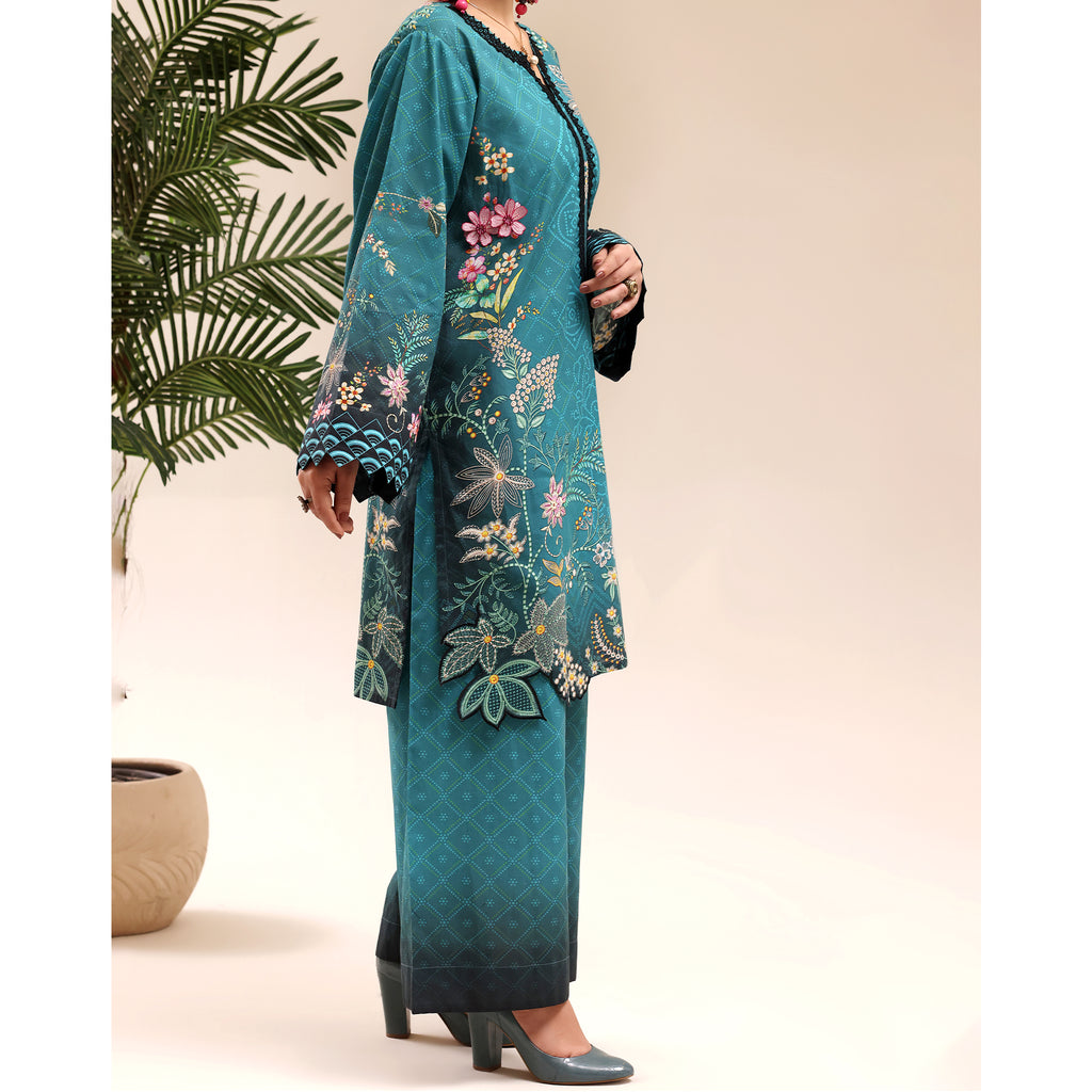 Teal Flora - 2 Pc Embroidered Lawn Co-Ord Set ( PLE2P-14 )