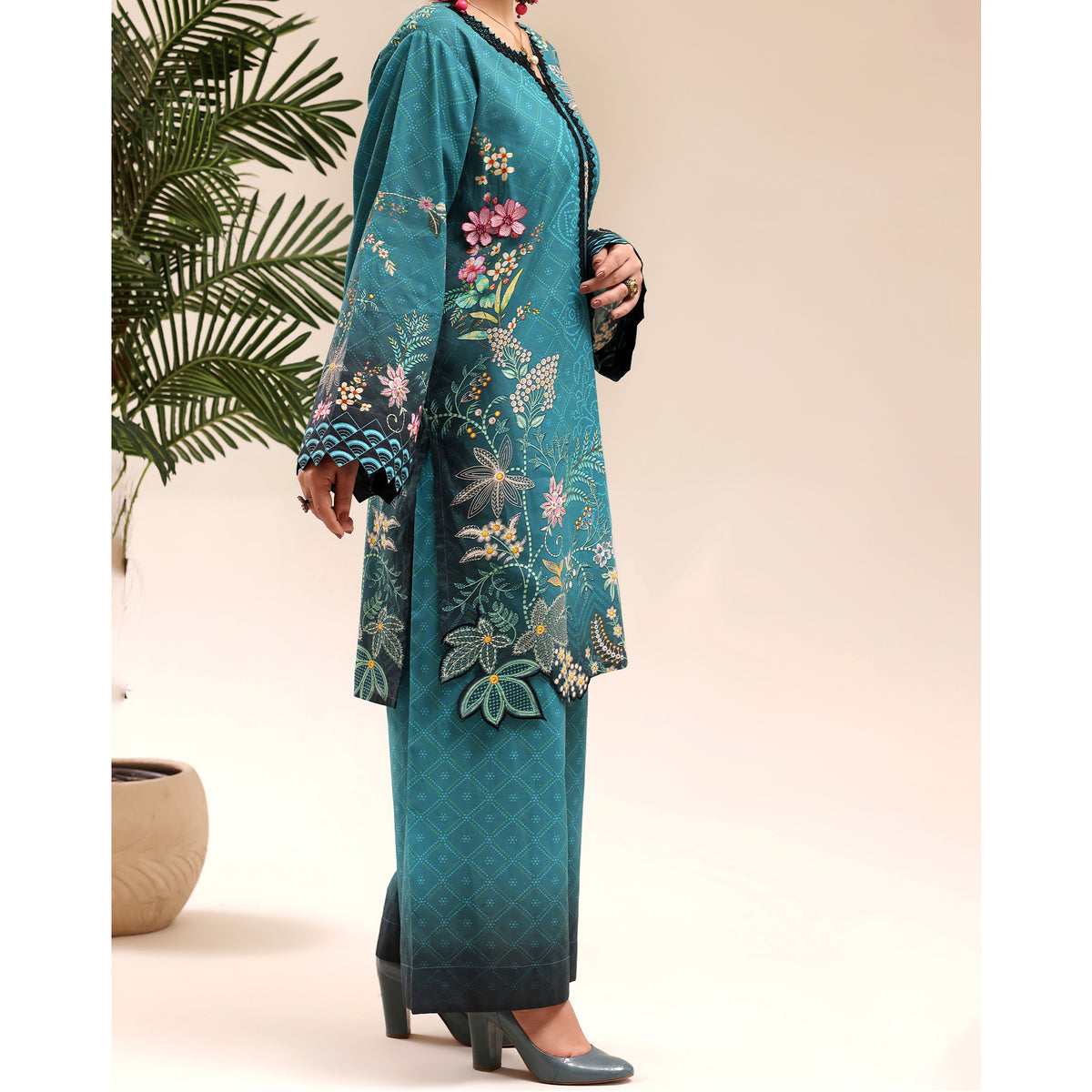 Teal Flora - 2 Pc Embroidered Lawn Co-Ord Set ( PLE2P-14 )