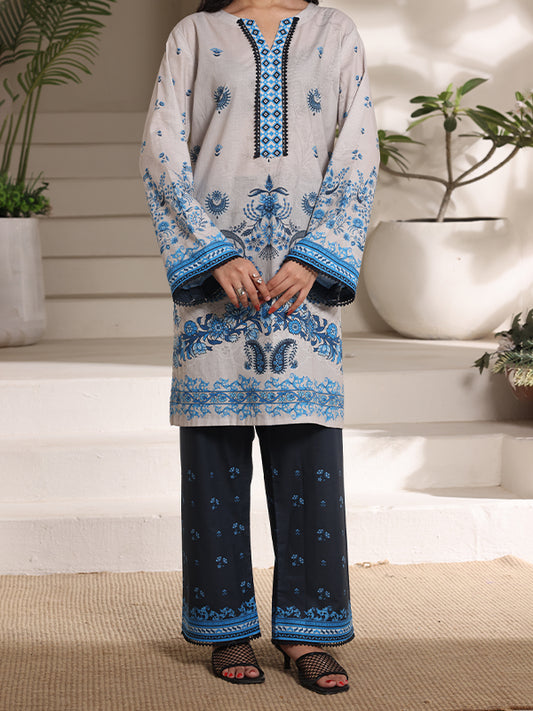 Azure Blossom Women’s Premium Lawn 2 Piece Stitched Suit | Digital Print Shirt & Wide Leg Trouser | Light Grey