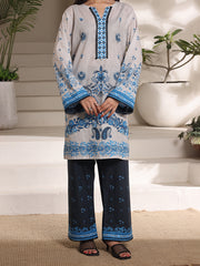 Azure Blossom Women’s Premium Lawn 2 Piece Stitched Suit | Digital Print Shirt & Wide Leg Trouser | Light Grey