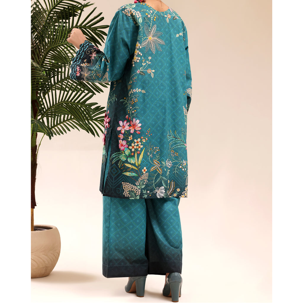 Teal Flora - 2 Pc Embroidered Lawn Co-Ord Set ( PLE2P-14 )