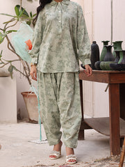 Sage Serenity Weave Women’s Lawn Jacquard 2 Piece Co-ord Set | Button Down Shirt & Shalwar | Sage Green