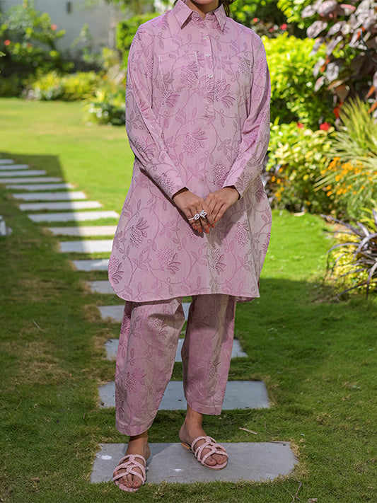 Petal Weave Women’s Lawn Jacquard 2 Piece Co-ord Set | Relaxed Fit Shirt & Shalwar | Dusty Pink