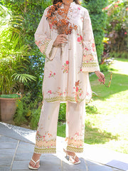 Butterfly Flora Women’s Premium Summer Lawn 2 Piece 3D Embroidered Digital Print Suit | Shirt & Wide Leg Trouser | Soft Cream