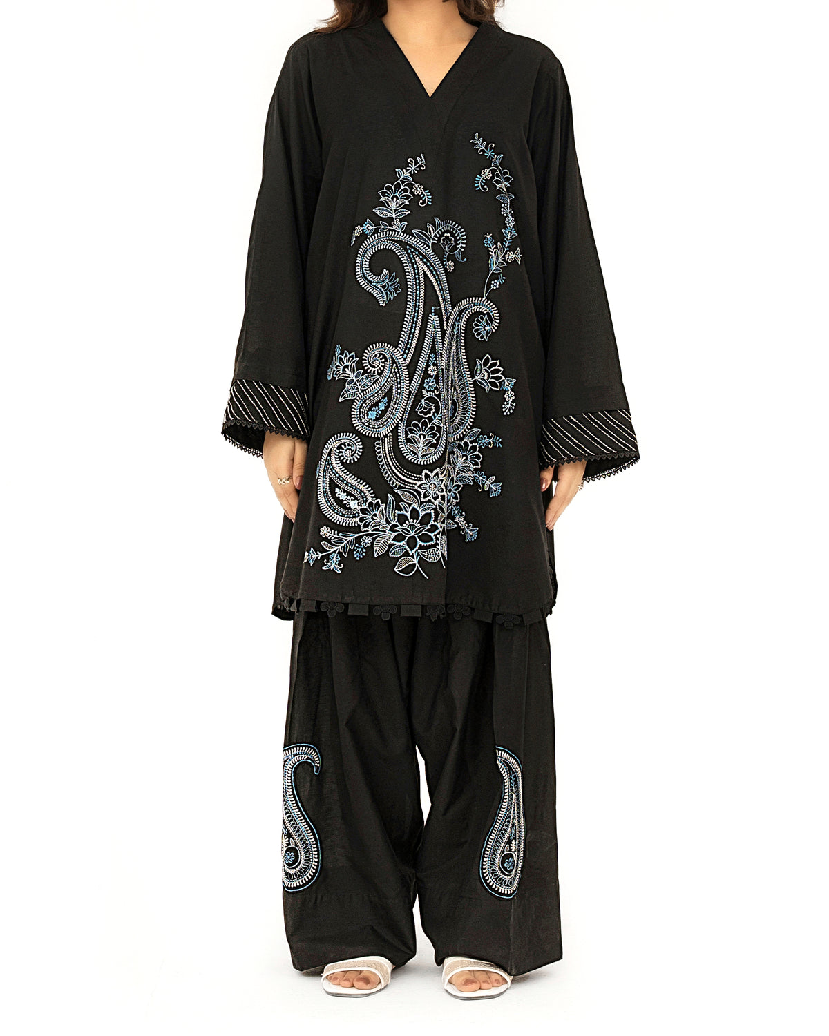Obsidian Paisley - Embroidered Pure Cotton Co-ord 2Pc ( FBE2P-02 )