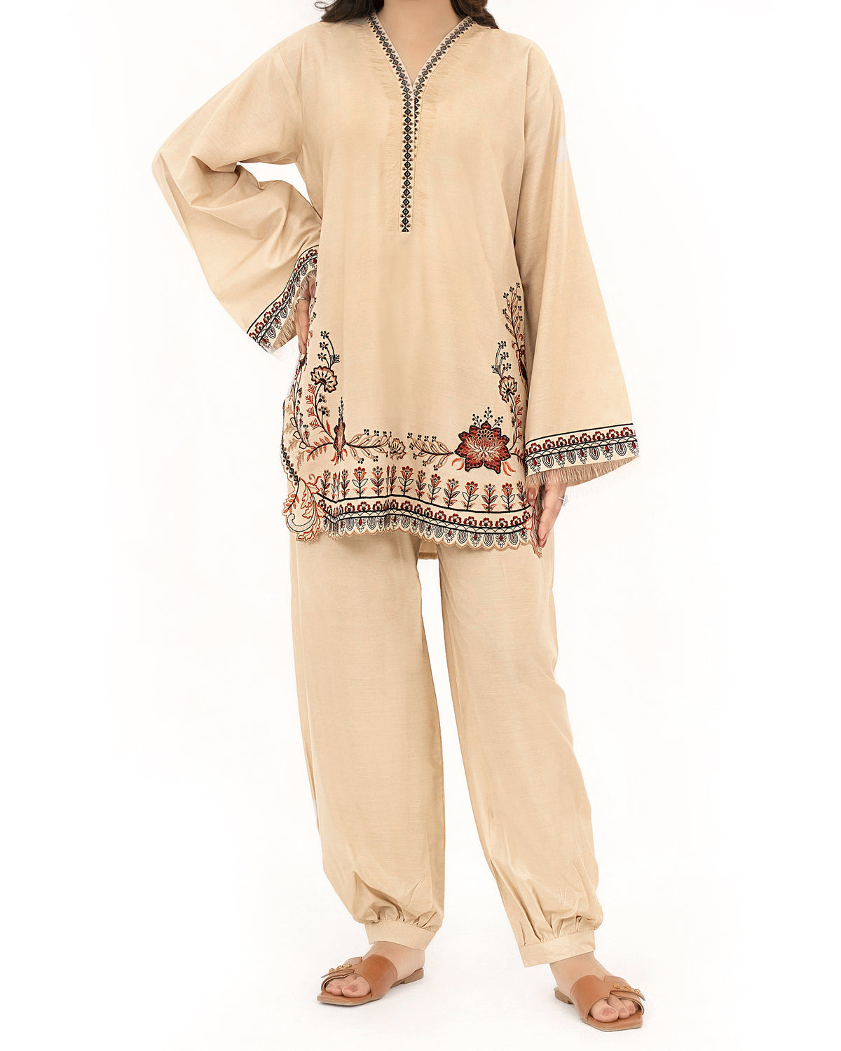 Desert Flora - Embroidered Cotton SIlk Co-ord 2Pc ( CRSE2P-01 )