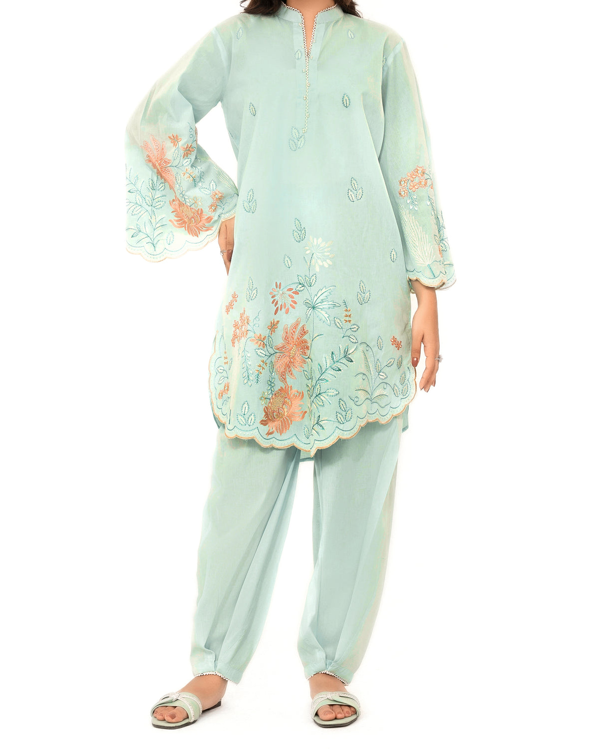 Mint Breeze - Embroidered Pure Cotton Co-ord 2Pc ( FBE2P-04 )