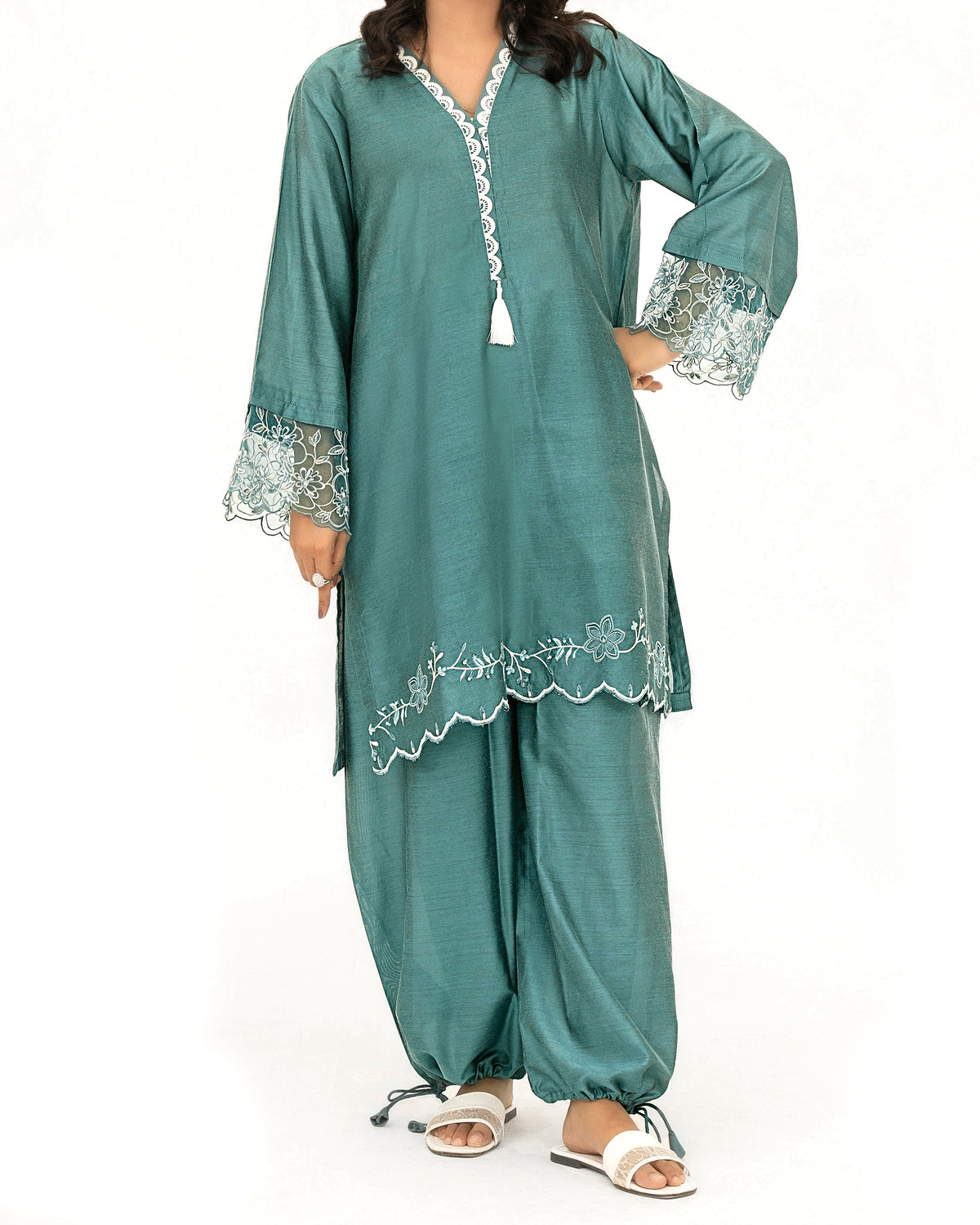 Teal Breeze - Embroidered Cotton Silk Co-ord 2Pc ( CRSE2P-02 )