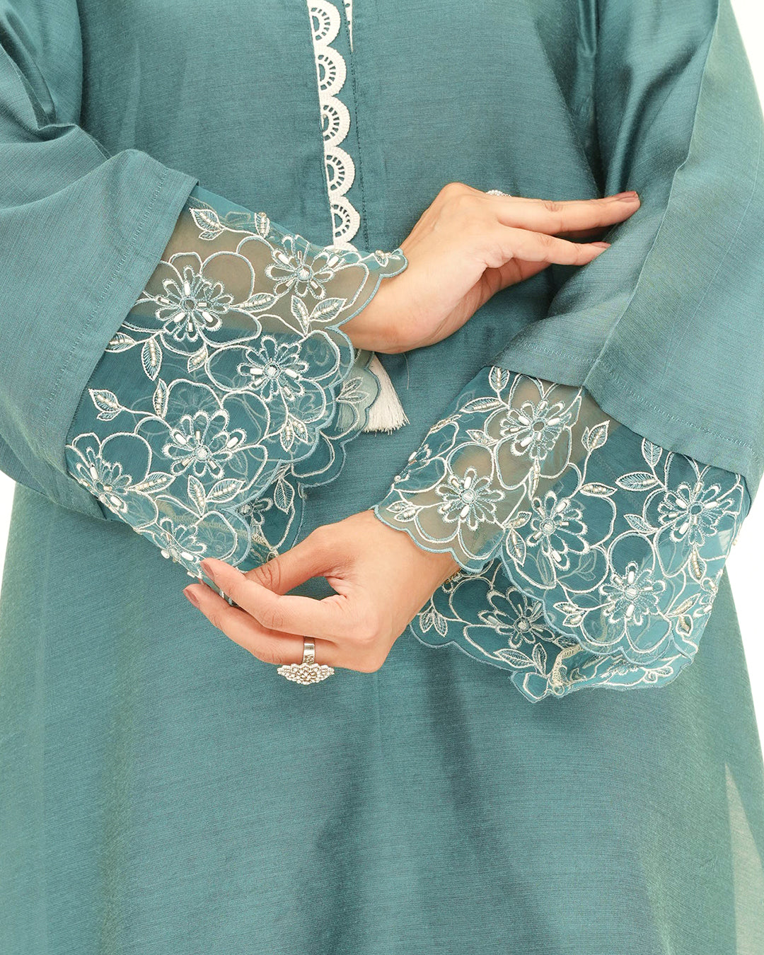 Teal Breeze - Embroidered Cotton Silk Co-ord 2Pc ( CRSE2P-02 )