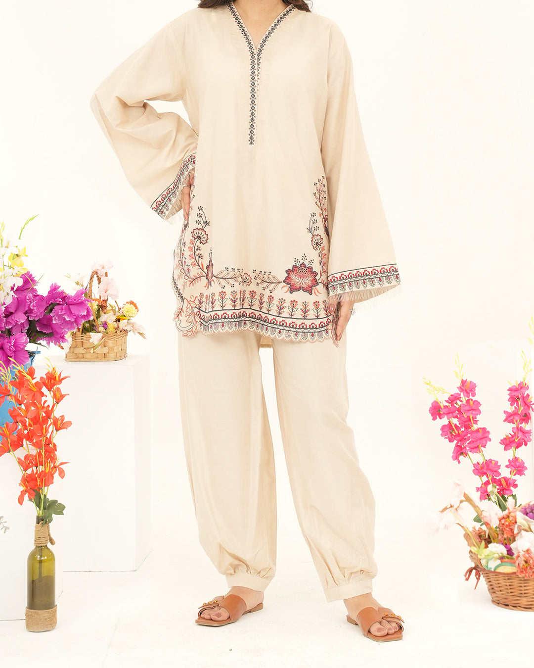 Desert Flora - Embroidered Cotton SIlk Co-ord 2Pc ( CRSE2P-01 )