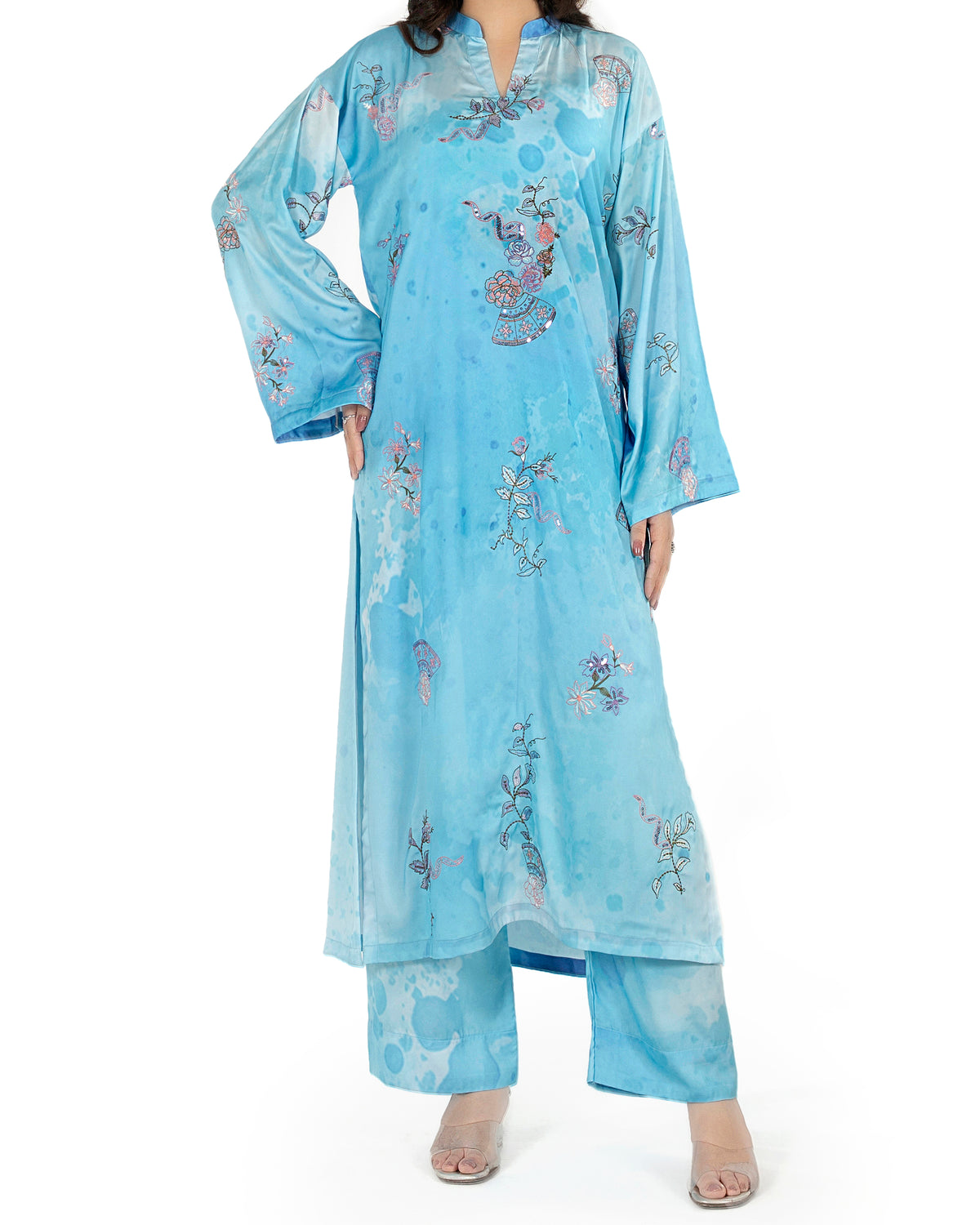 Azure Breeze - Printed Shamoz Silk Long Shirt 2Pc (EPSS2P-04)