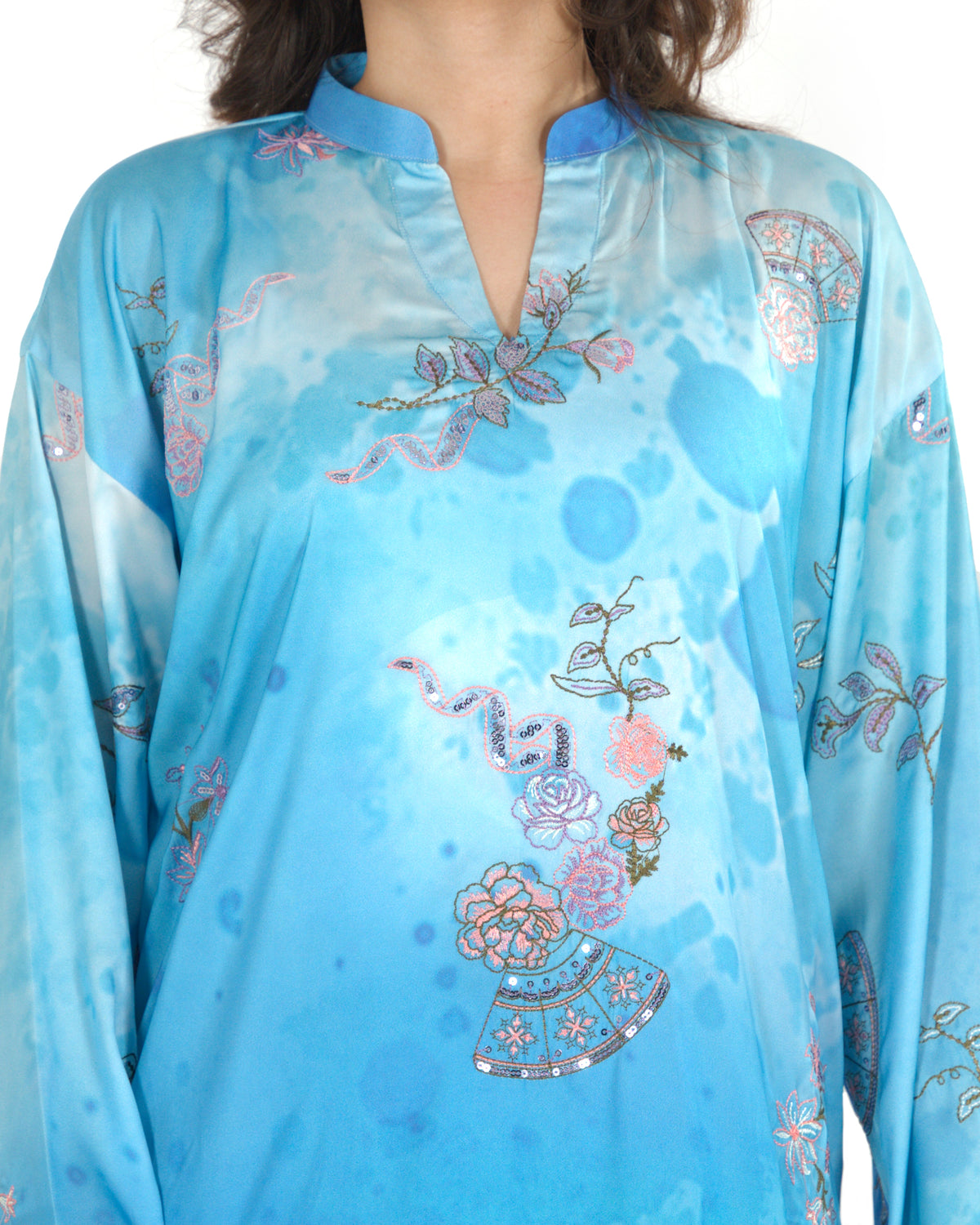 Azure Breeze - Printed Shamoz Silk Long Shirt 2Pc (EPSS2P-04)