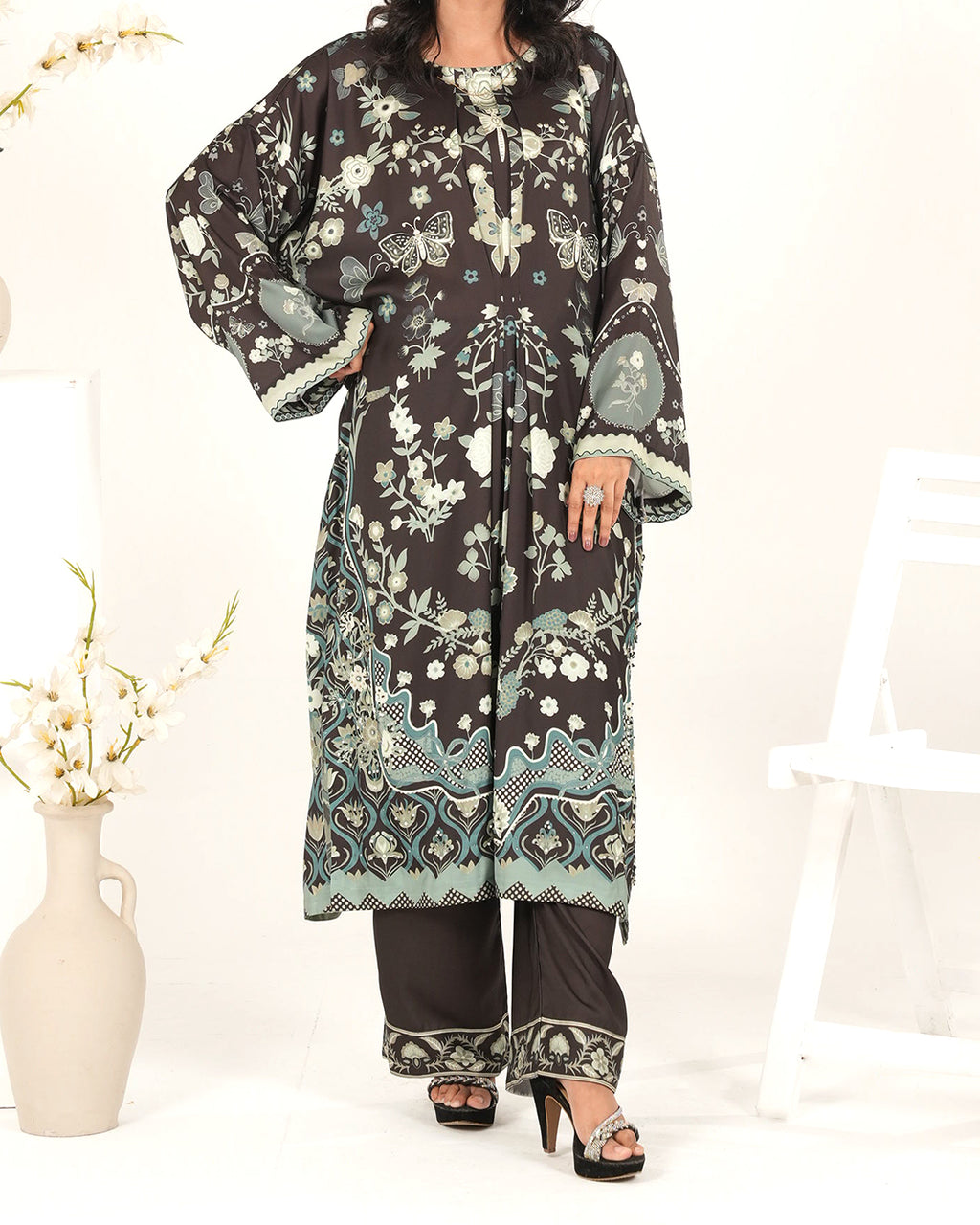 Midnight Flora - 2 Pc Printed Shamoz Long Shirt ( EPSS2P-07 )