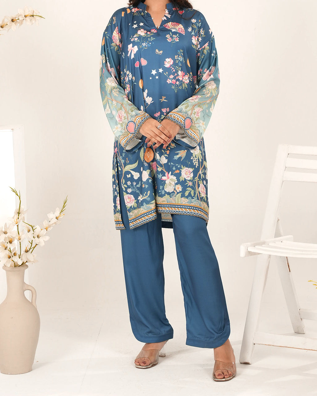 Celestial Bloom - 2 Pc Printed Shamoz Silk Long Shirt ( EPSS2P-05 )