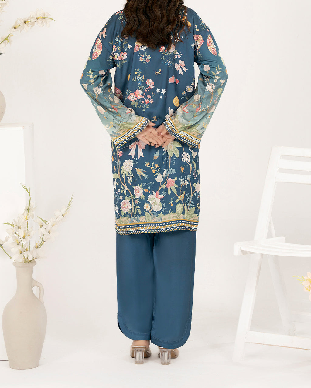 Celestial Bloom - 2 Pc Printed Shamoz Silk Long Shirt ( EPSS2P-05 )