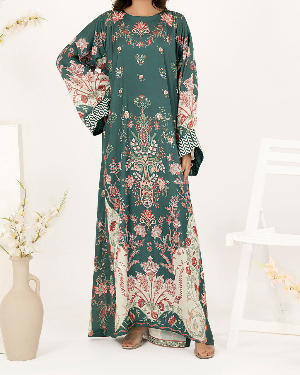 Emerald Bloom - 2 Pc Printed Shamoz Silk Kaftan ( EPSS2P-02 )