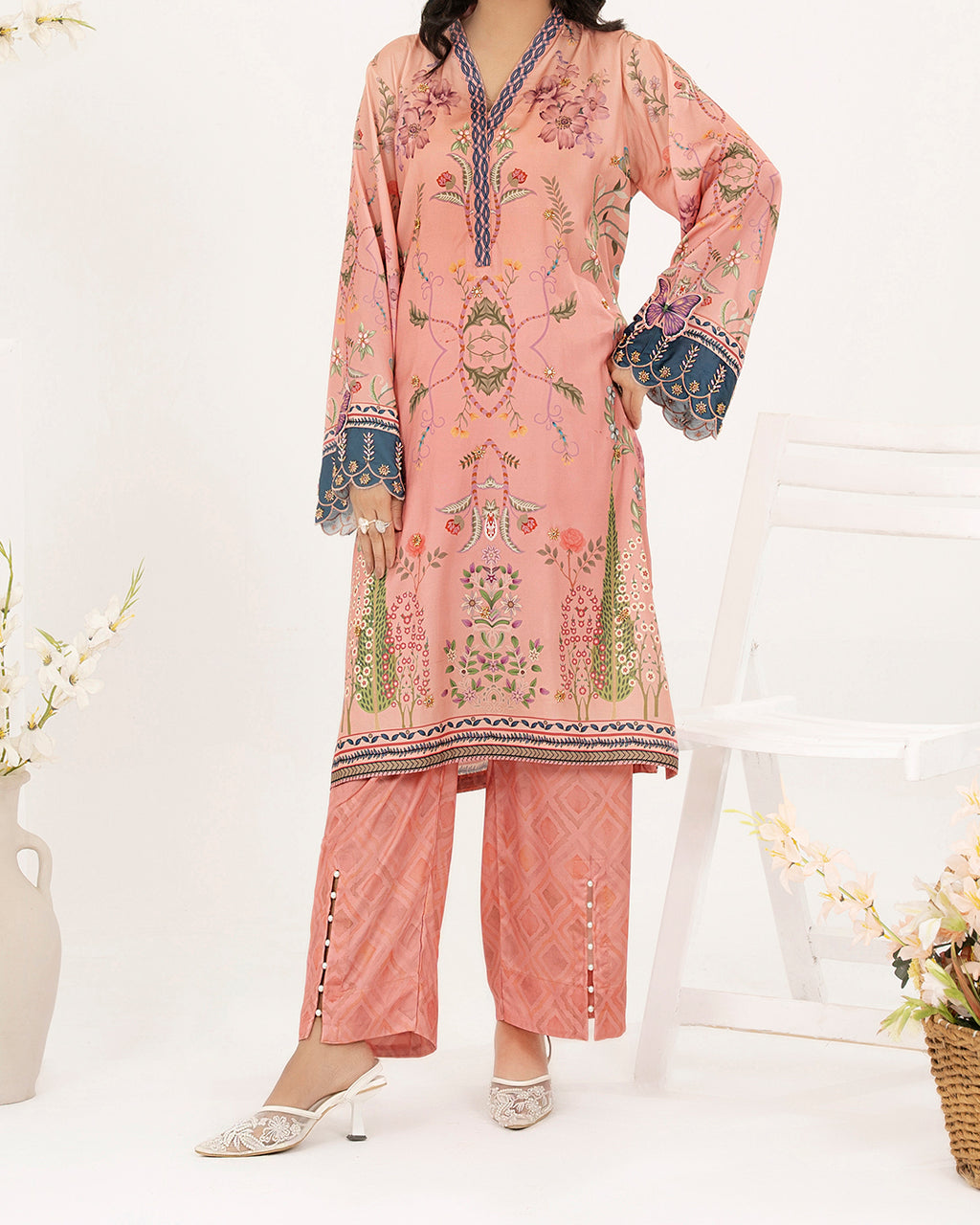 Blush Garden - 2 Pc Printed Shamoz Silk Long Shirt ( EPSS2P-03 )