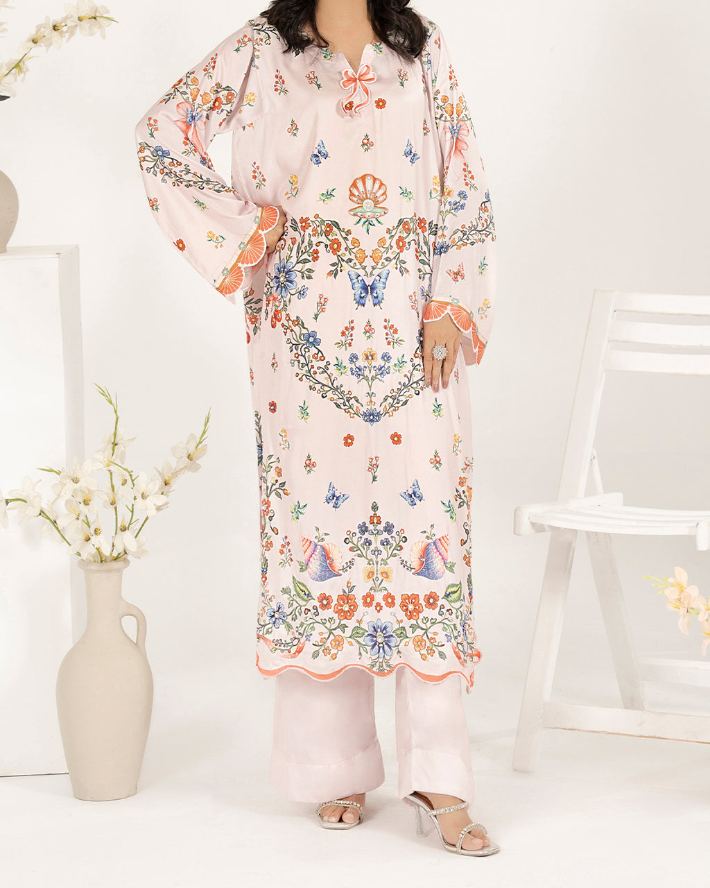 Serene Floral - Printed Shamoz Silk Long Shirt 2Pc (EPSS2P-06)