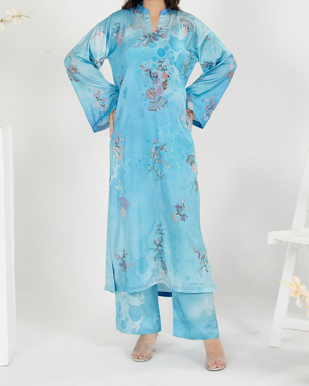Azure Breeze - 2Pc Printed Shamoz Silk Long Shirt ( EPSS2P-04 )