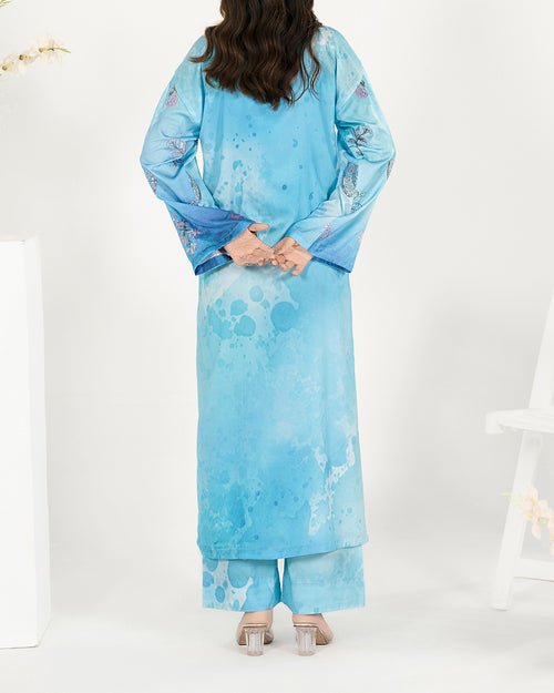 Azure Breeze - Printed Shamoz Silk Long Shirt 2Pc (EPSS2P-04)