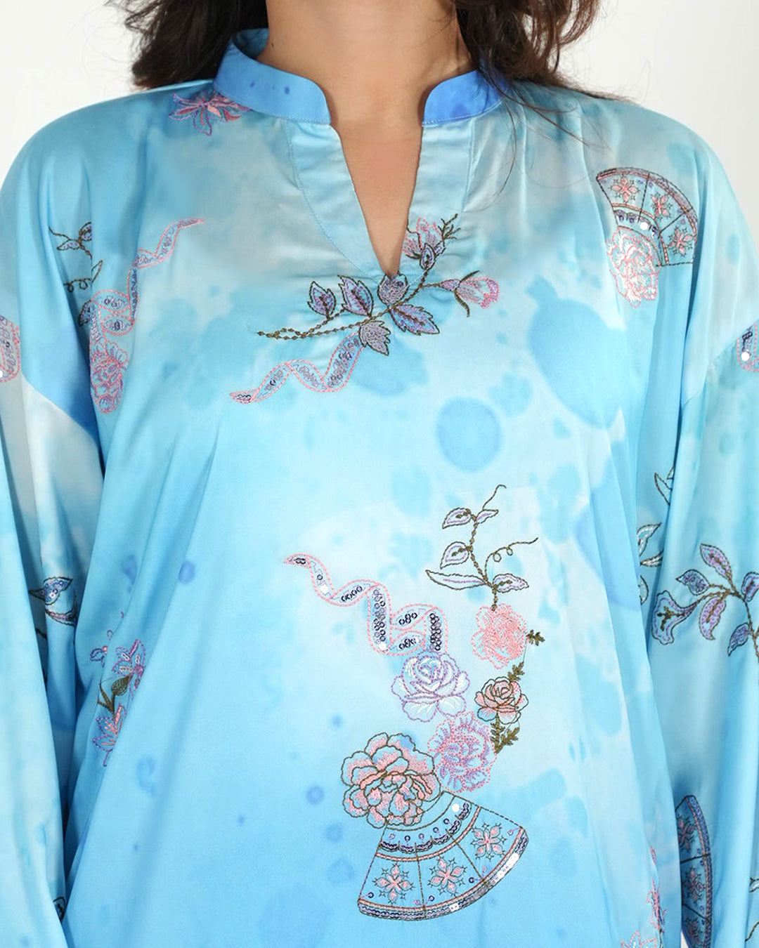 Azure Breeze - 2Pc Printed Shamoz Silk Long Shirt ( EPSS2P-04 )