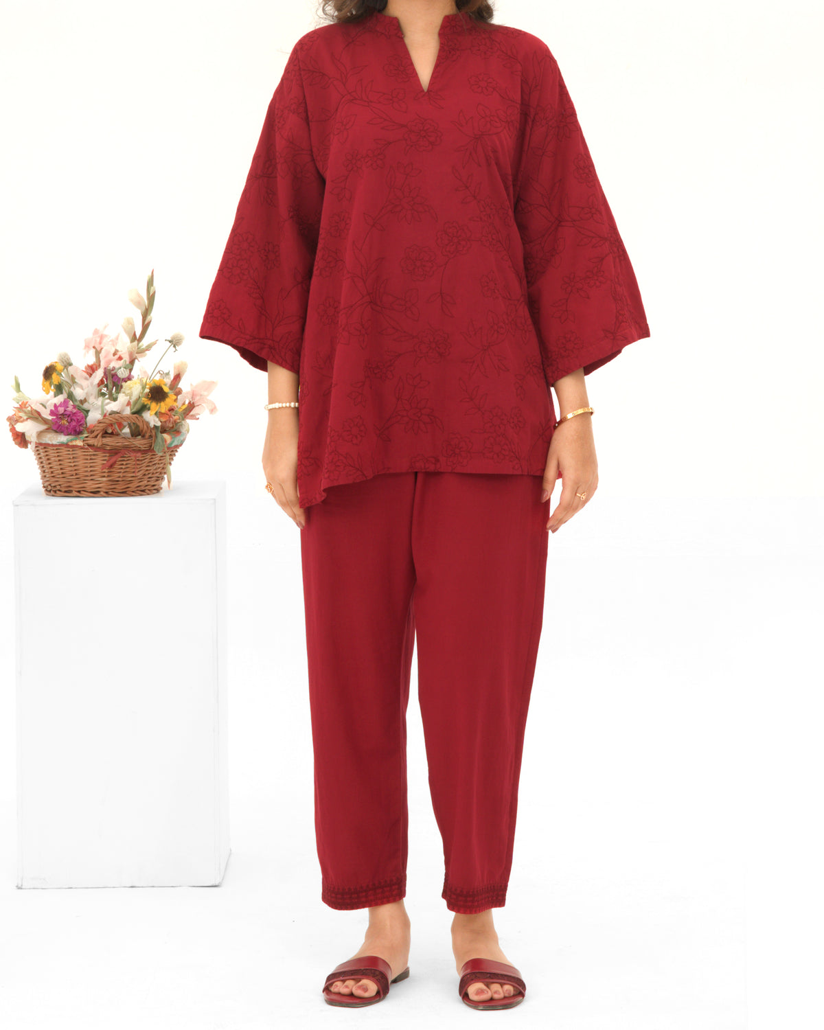 Red Horizon - Embroidered Cotton Stitched Co-ord 2Pc