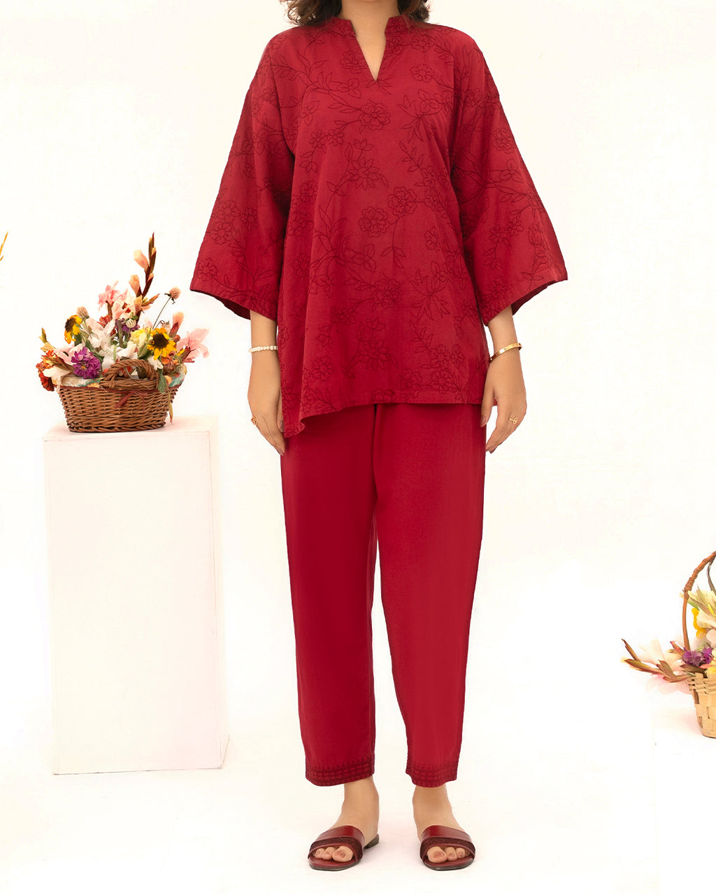 Red Horizon - Embroidered Soft Cotton Stitched 2-Piece Co-Ord Set