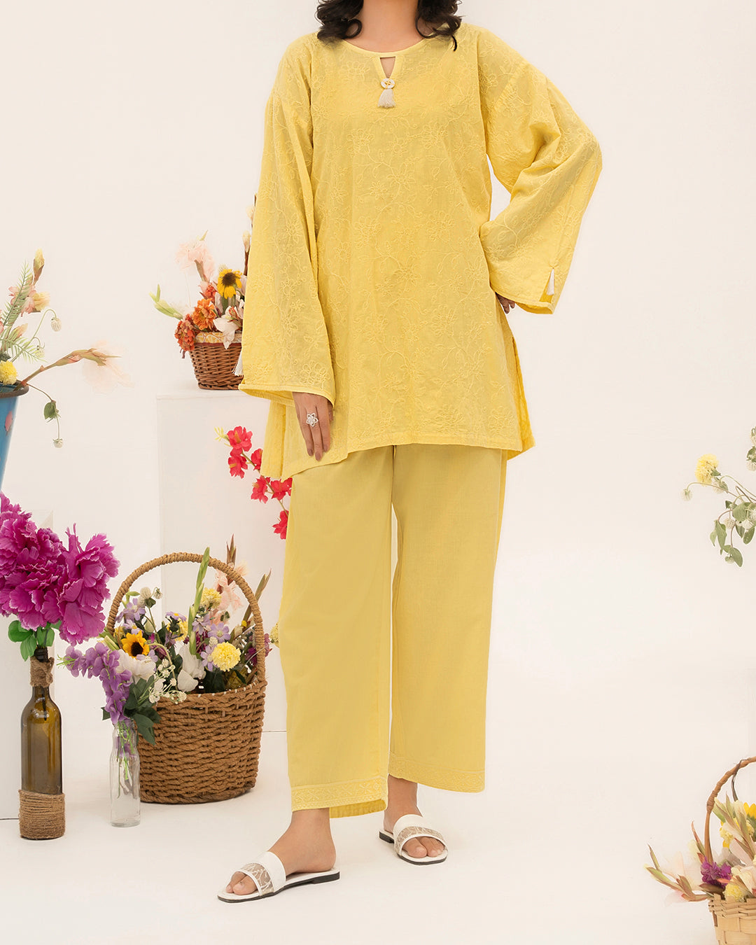 Astria Yellow - Embroidered Soft Cotton Stitched 2-Piece Co-Ord Set