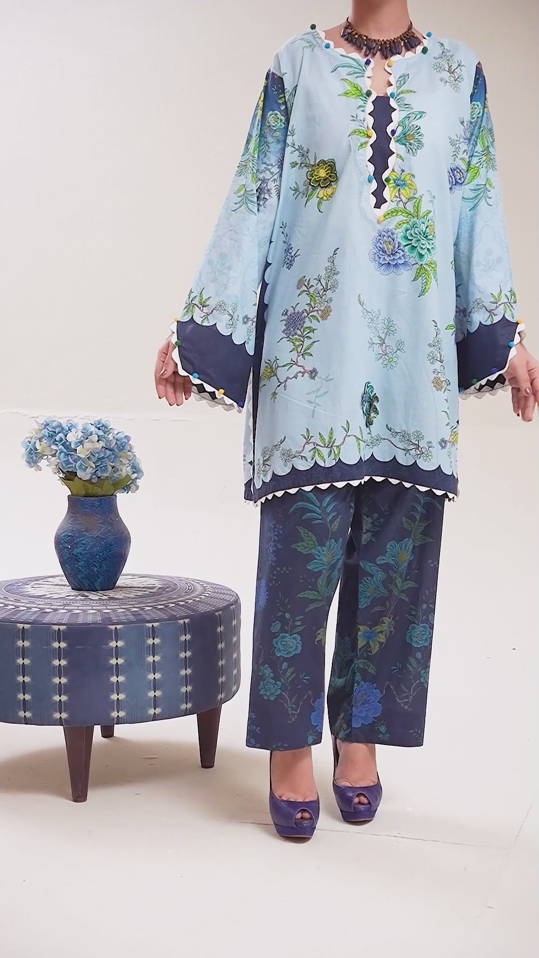 Ocean Bloom - 2 Pc Embroidered Lawn Co-Ord Set ( PL2P-15 )
