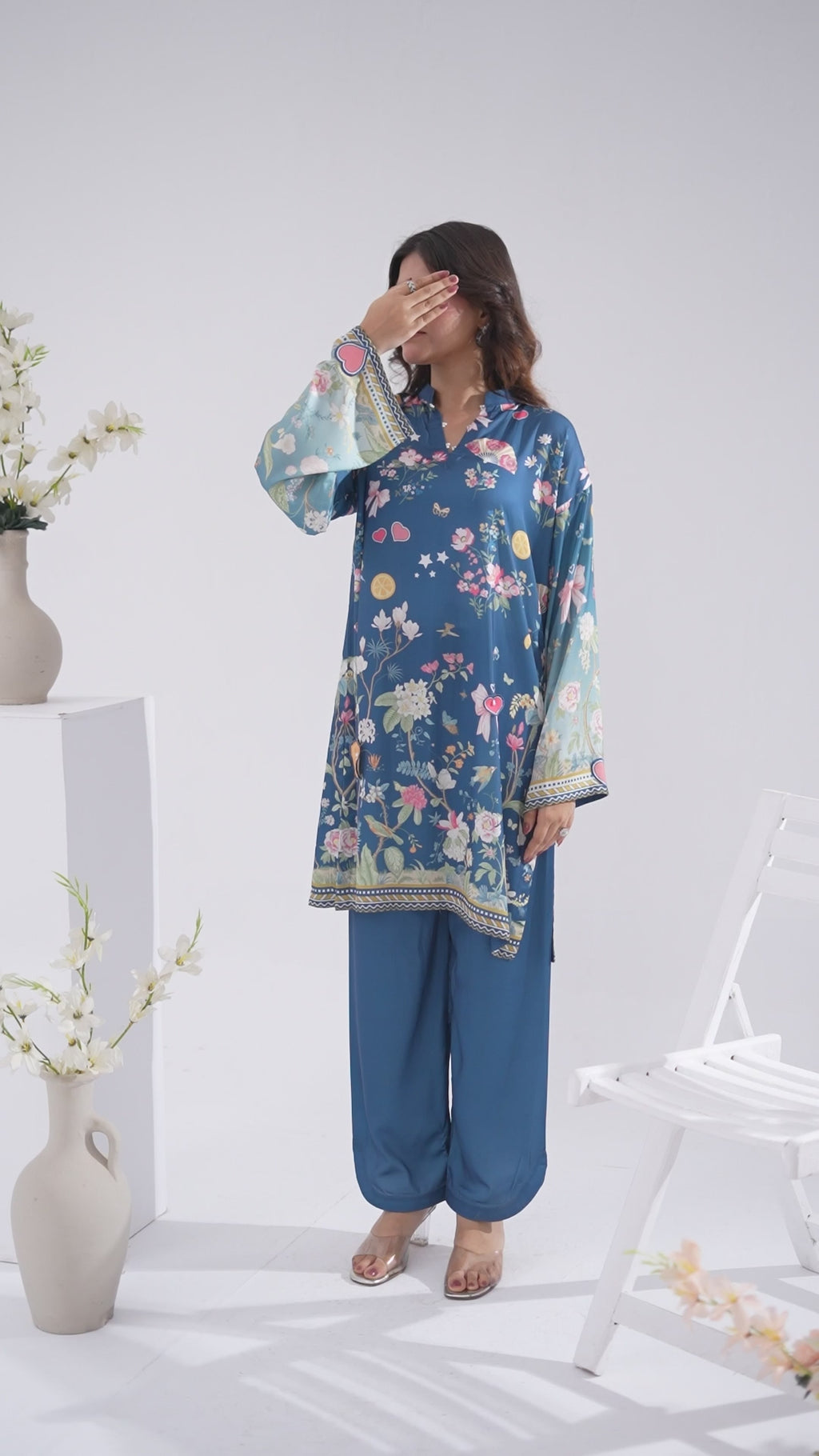 Celestial Bloom - 2 Pc Printed Shamoz Silk Long Shirt ( EPSS2P-05 )