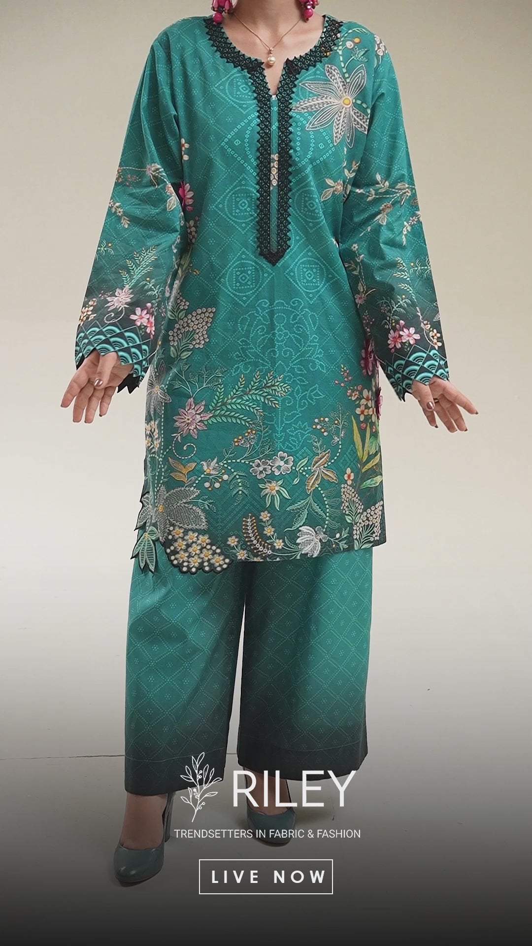 Teal Flora - 2 Pc Embroidered Lawn Co-Ord Set ( PLE2P-14 )