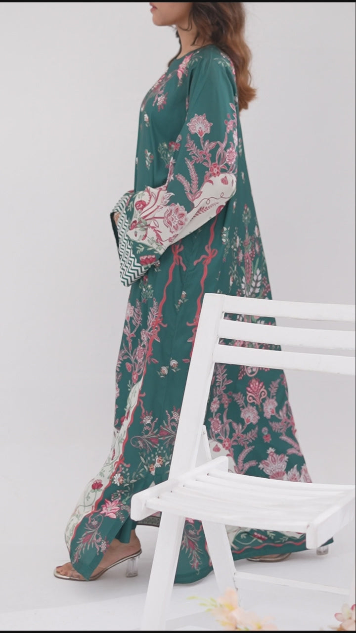 Emerald Bloom - Printed Shamoz Silk Kaftan 2Pc (EPSS2P-02)